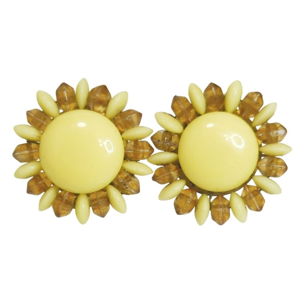 Vintage Yellow & Amber Beaded Sunburst Thermoset Clip-On Earrings Made In Japan